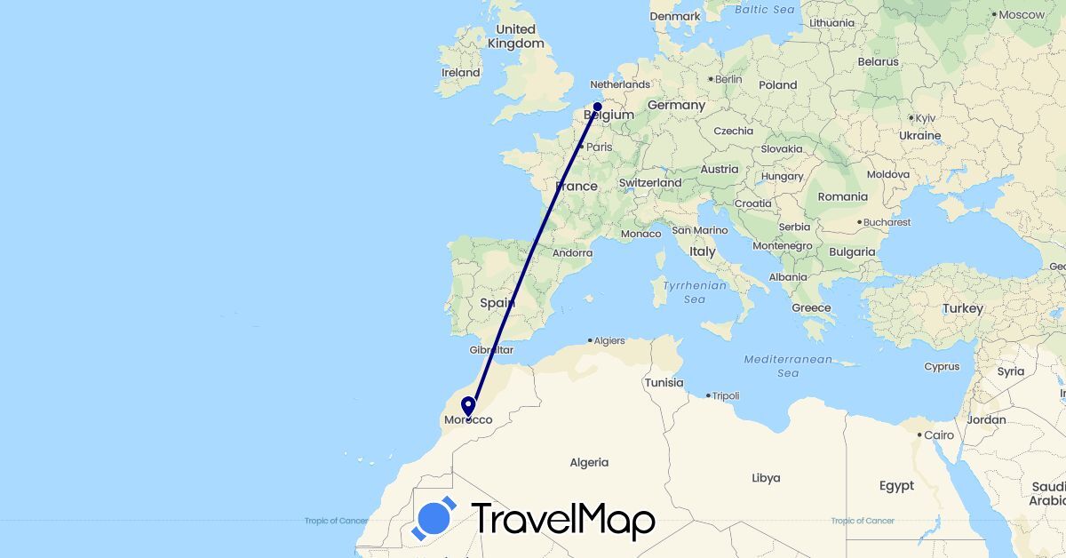 TravelMap itinerary: driving in Belgium, Morocco (Africa, Europe)